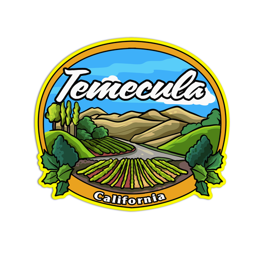 Logo of Temecula, California with vineyards and mountains.