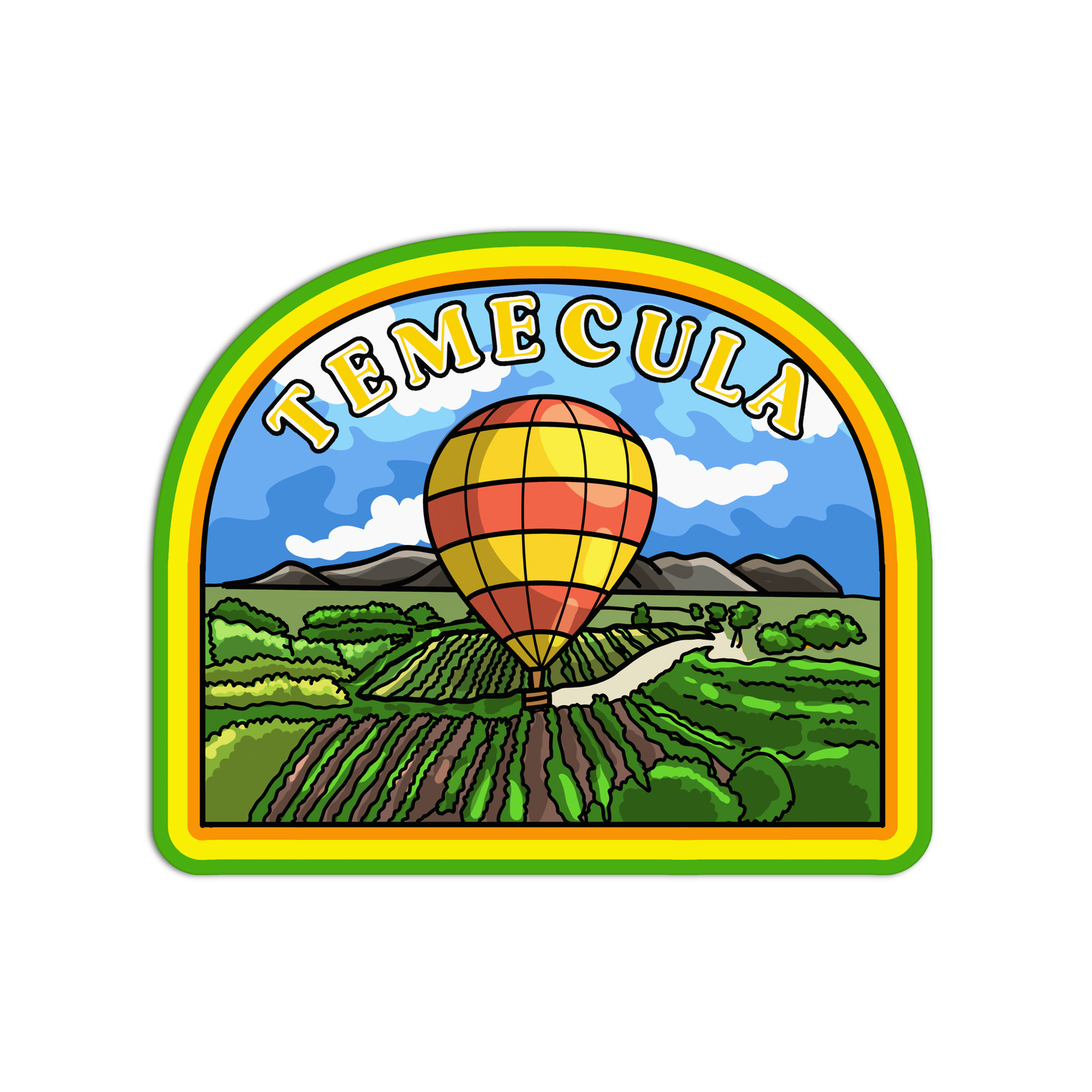 Emblem with a hot air balloon over a landscape and 'Temecula' text on a white background