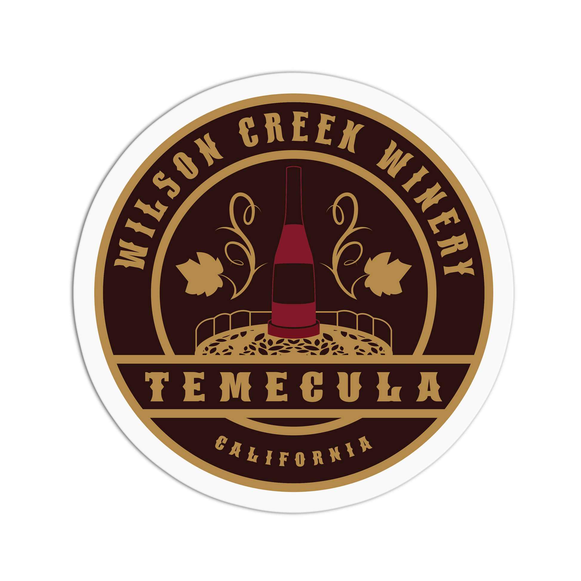 Wilson Creek Winery logo with a wine bottle and vineyard illustration on a brown background.