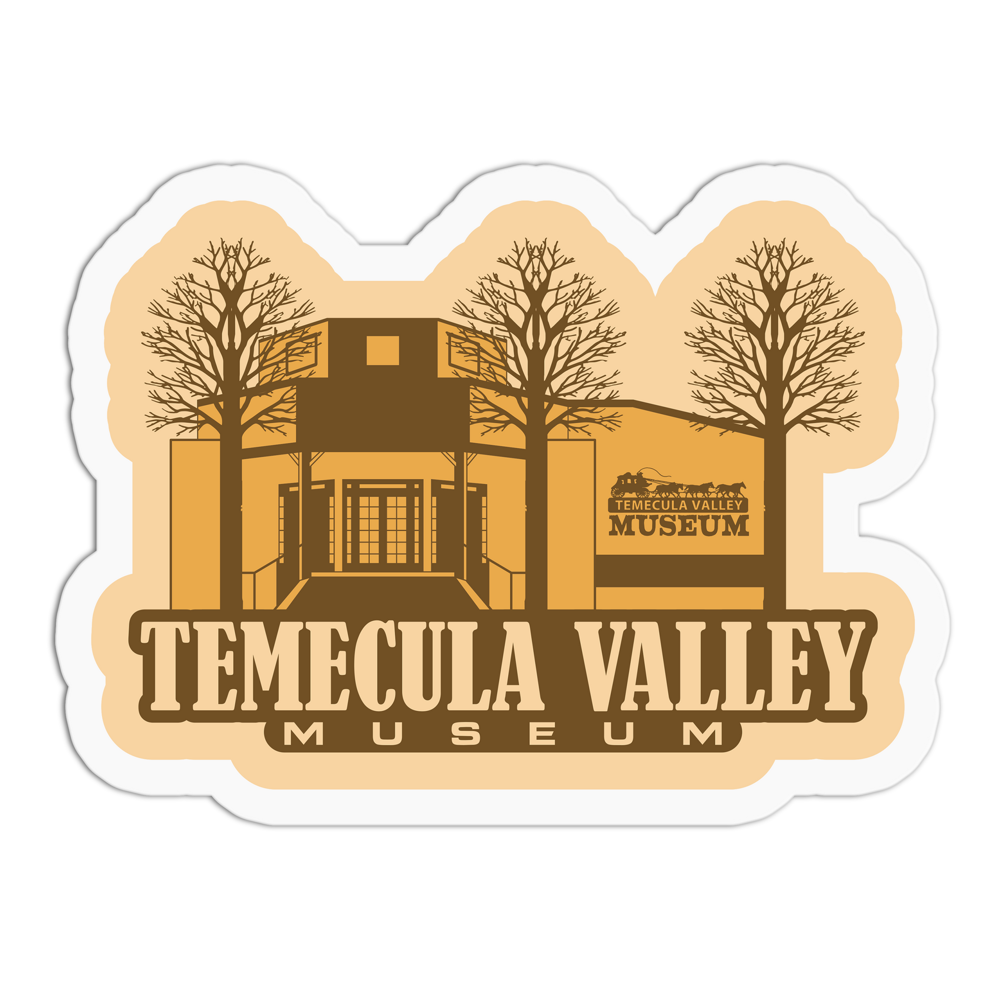 Logo of Temecula Valley Museum with a building and trees on a beige background