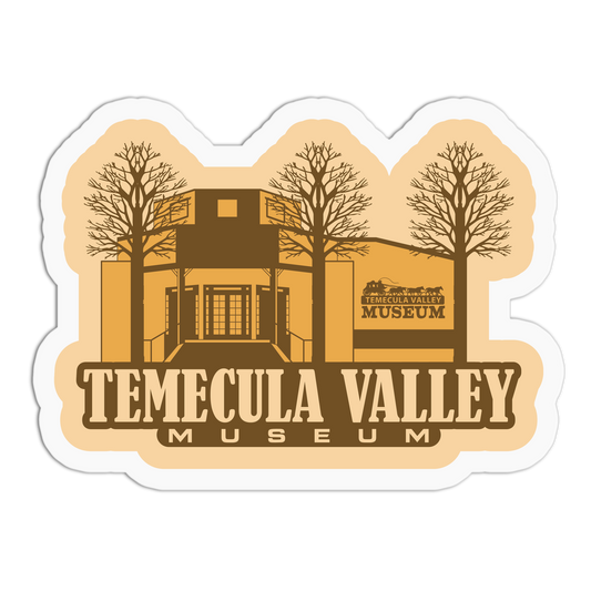 Logo of Temecula Valley Museum with a building and trees on a beige background