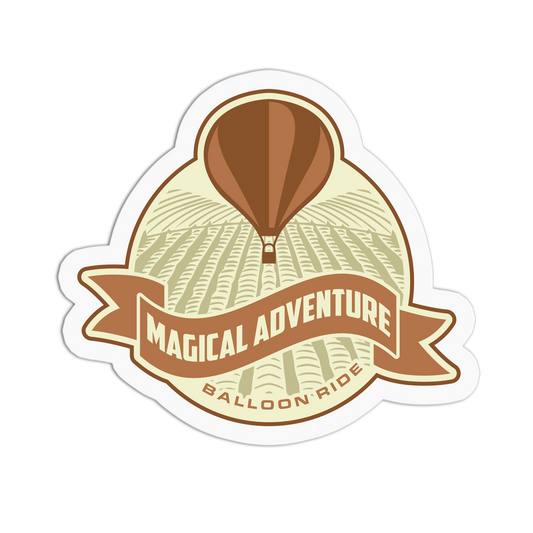 Sticker with a hot air balloon and 'Magical Adventure Balloon Ride' text on a white background