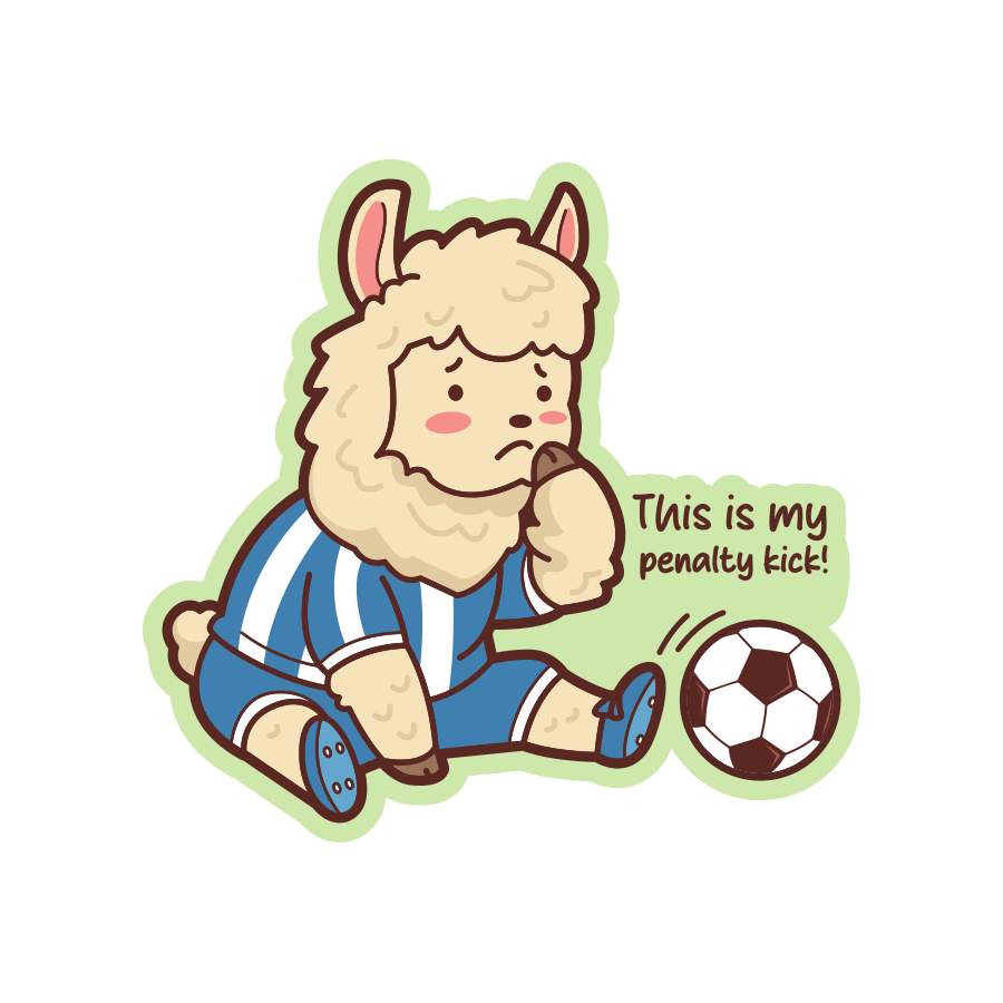 Cartoon llama in a soccer uniform with a soccer ball and text on a white background