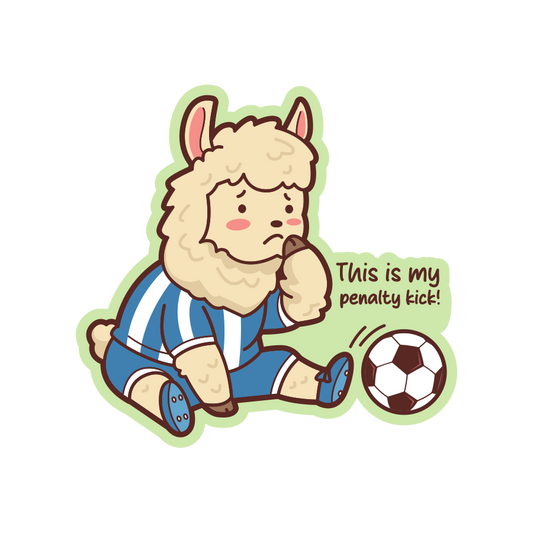 Cartoon llama in a soccer uniform with a soccer ball and text on a white background