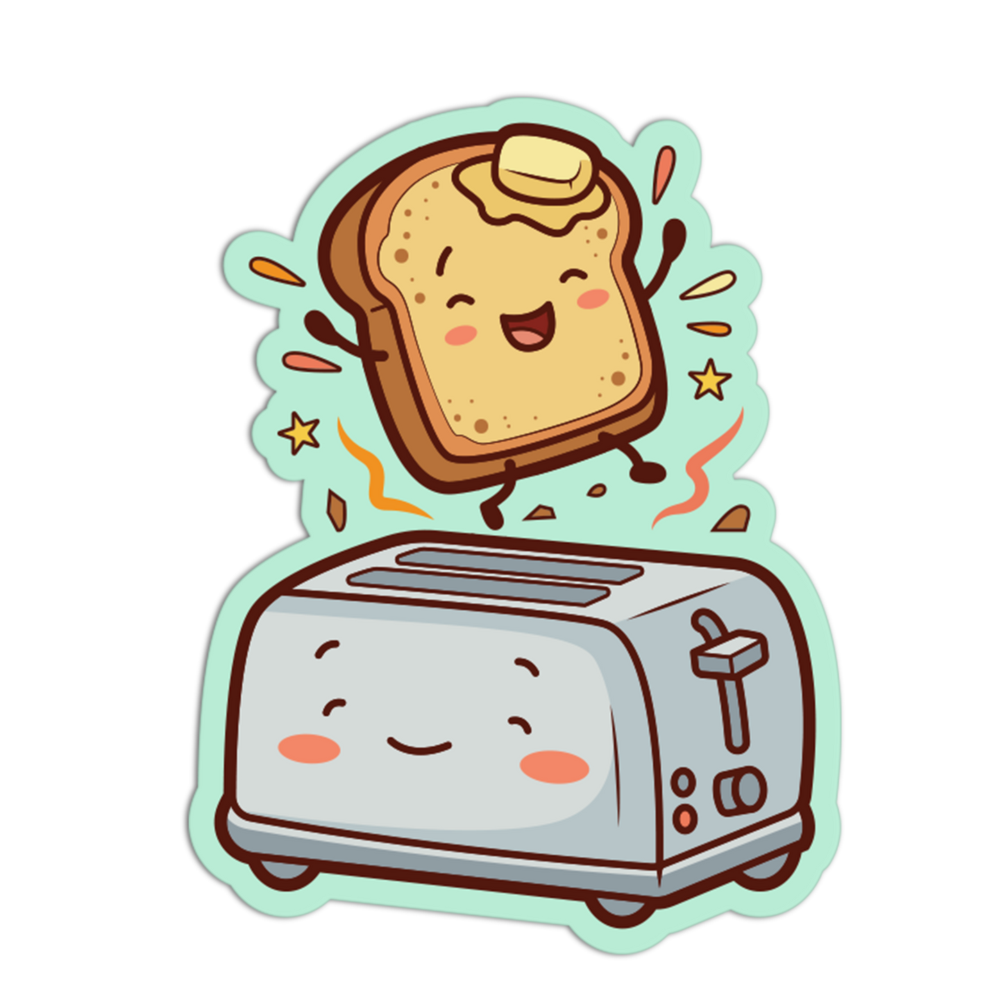 Cartoon toaster with a smiling piece of toast on a white background