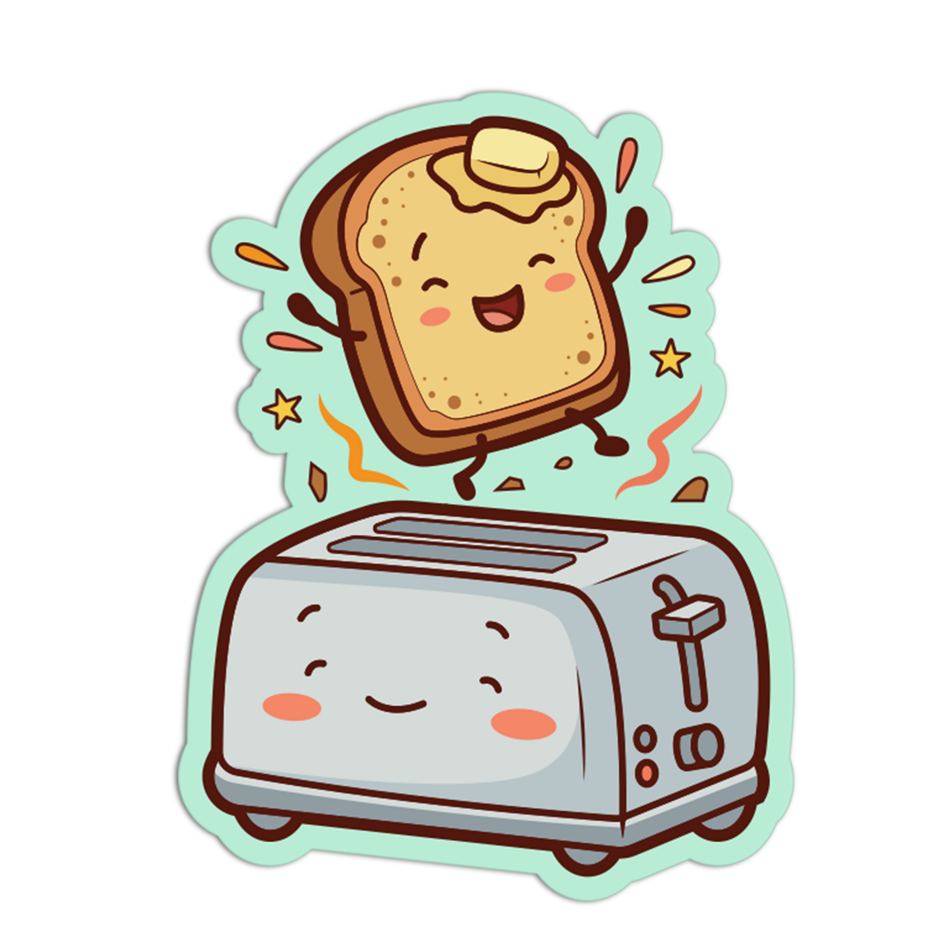Cartoon toaster with a smiling piece of toast on a white background