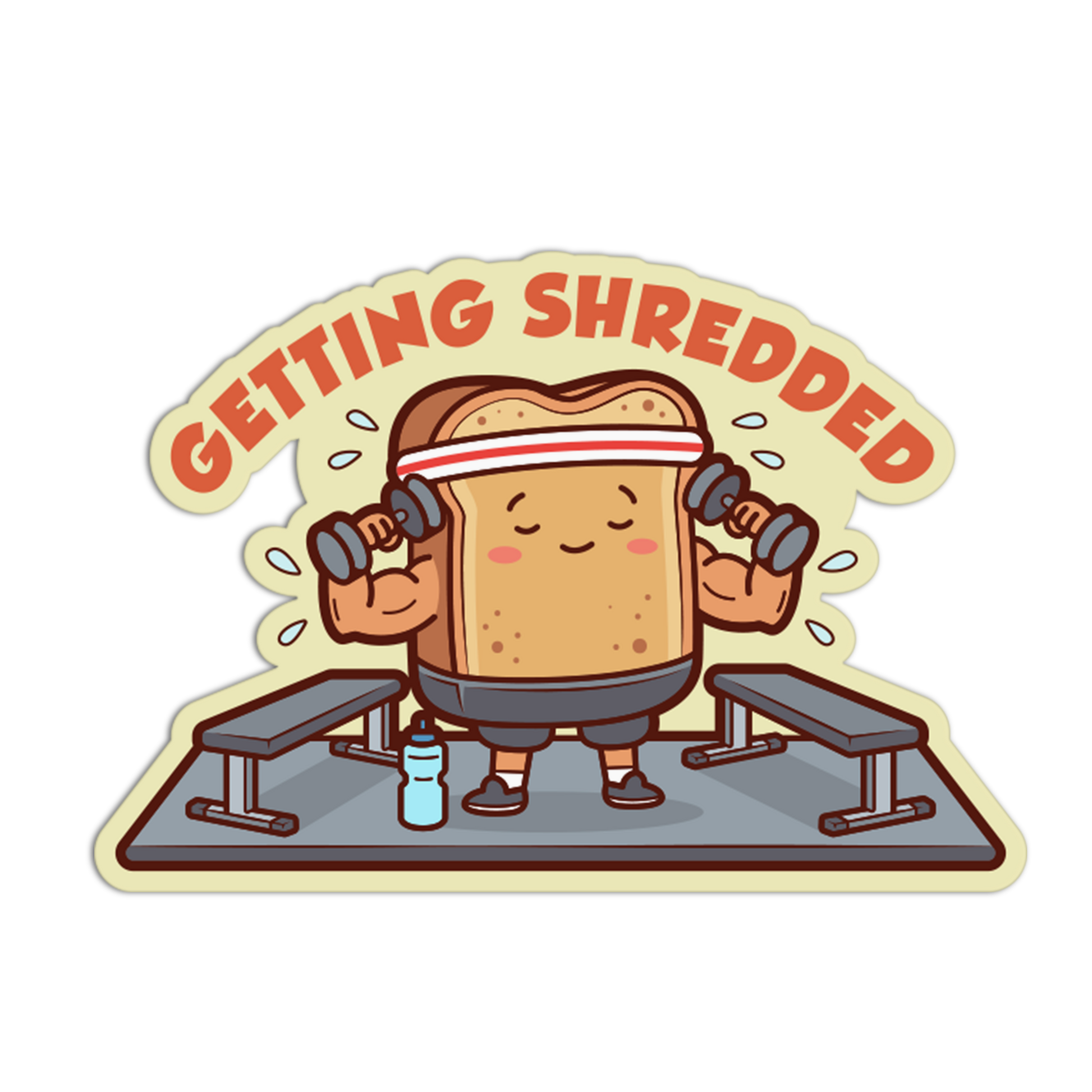 Cartoon toast character lifting weights with 'Getting Shredded' text on a white background