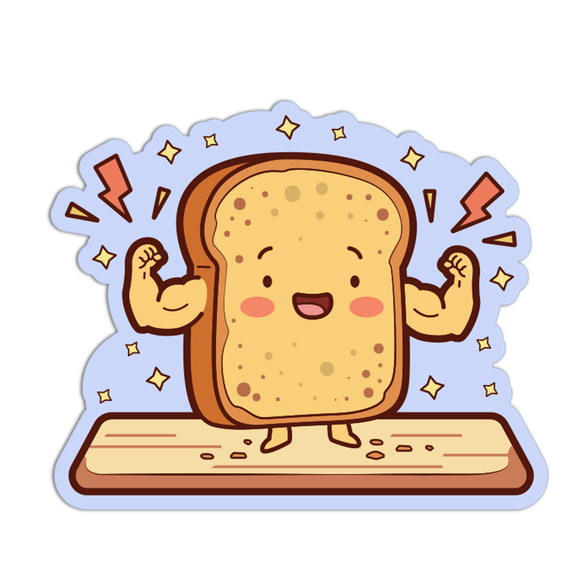 Cartoon toast character flexing muscles on a white background