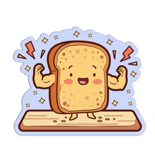 Cartoon toast character flexing muscles on a white background