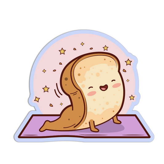 Cartoon character of a brown and beige creature on a pink mat with a starry background