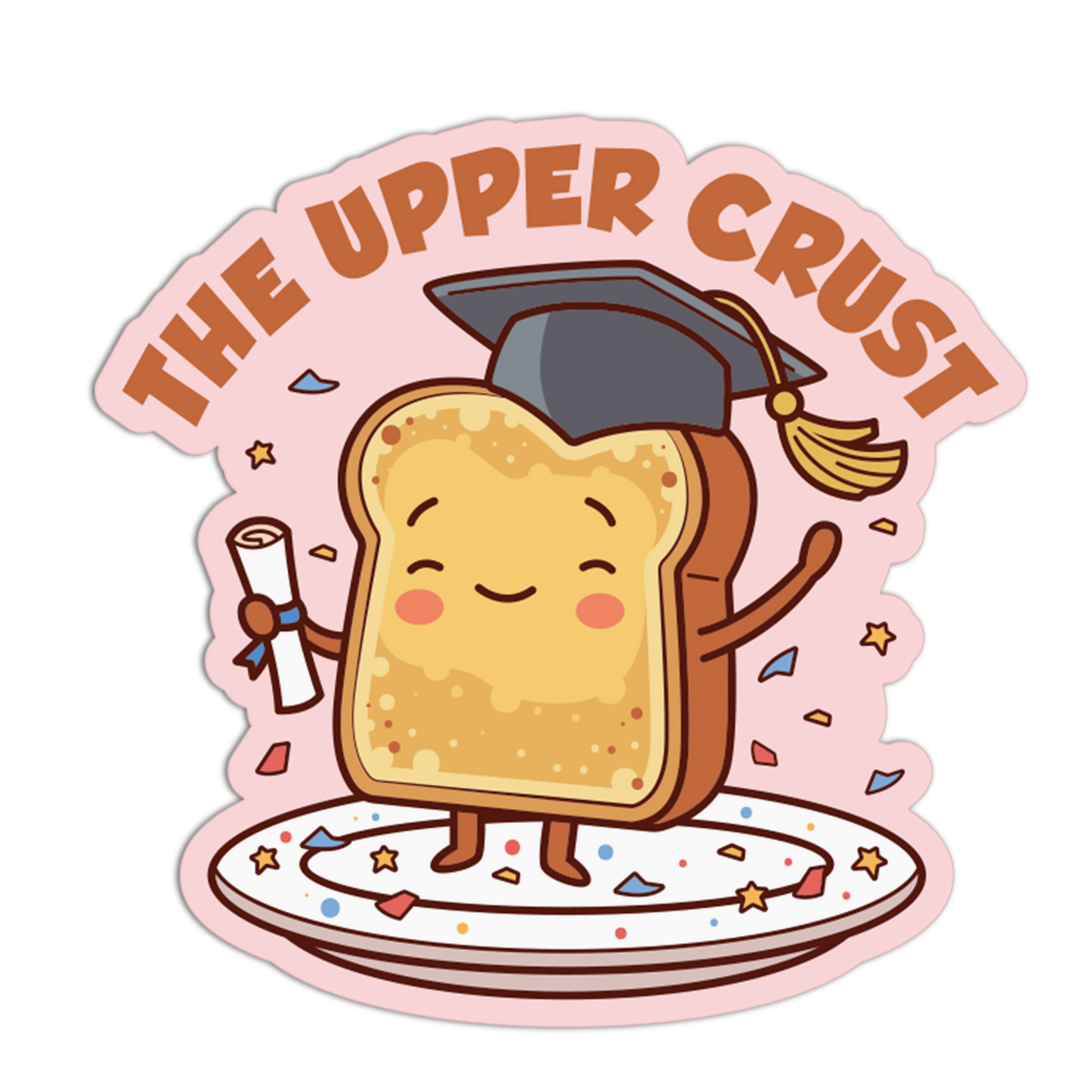 Cartoon toast character with a graduation cap and diploma on a pink background with 'The Upper Crust' text.