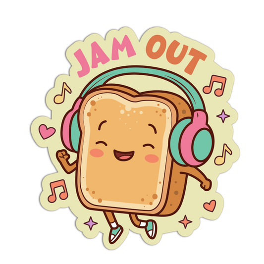 Cartoon toast character with headphones and 'Jam Out' text on a white background