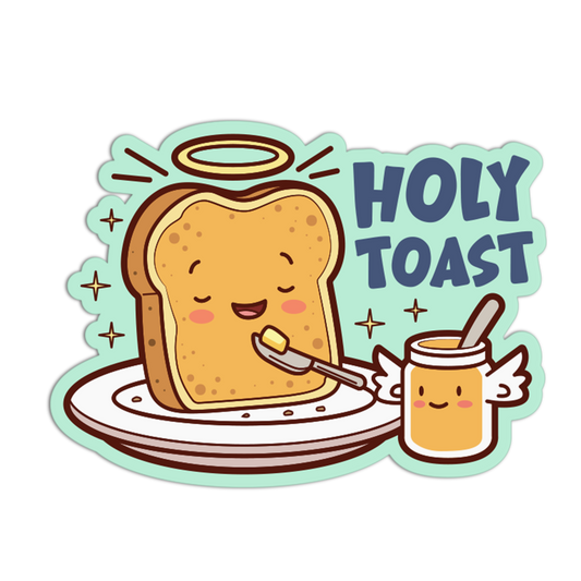 Cartoon toast with a halo and a jar of jam labeled 'Holy Toast' on a light green background