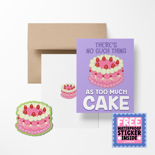 Card with cake illustration and envelope, featuring a free sticker offer.