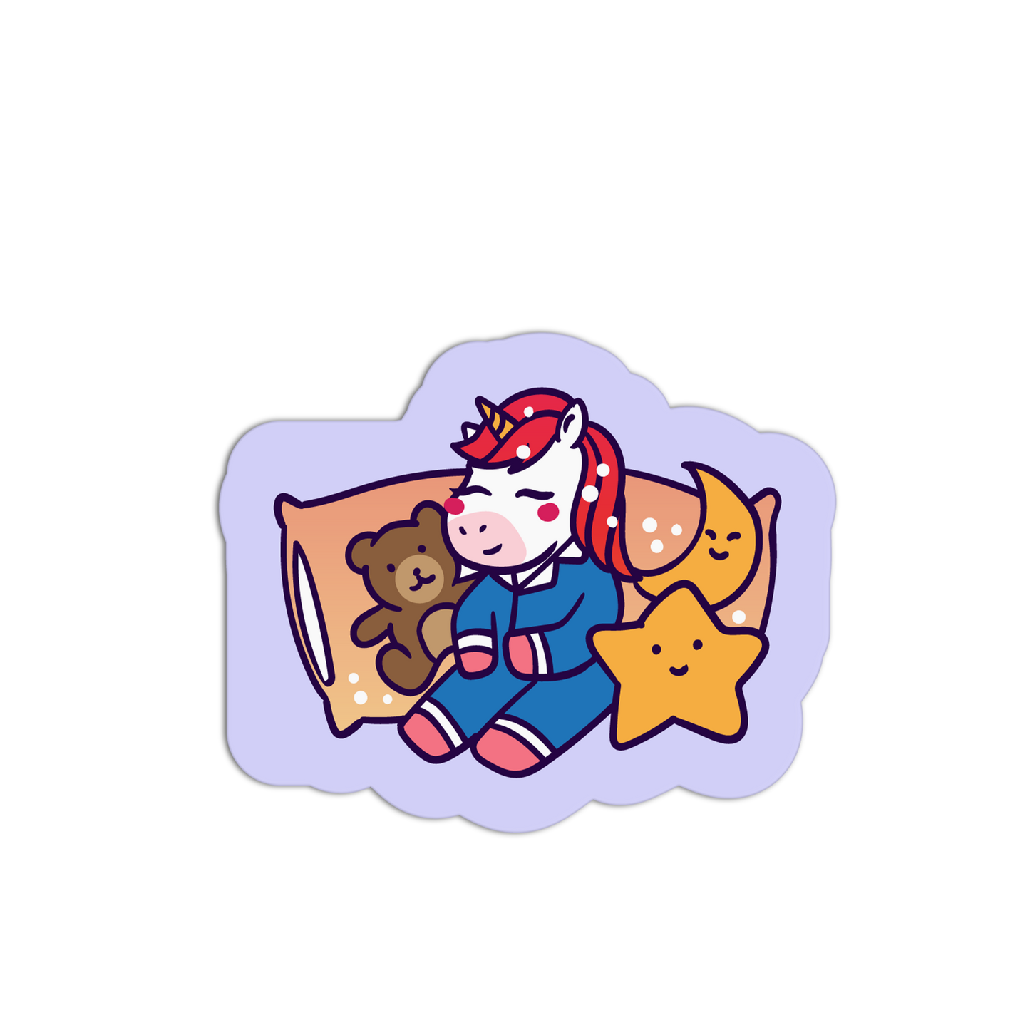 Sticker of a cartoon unicorn with a teddy bear and moon on a cloud background