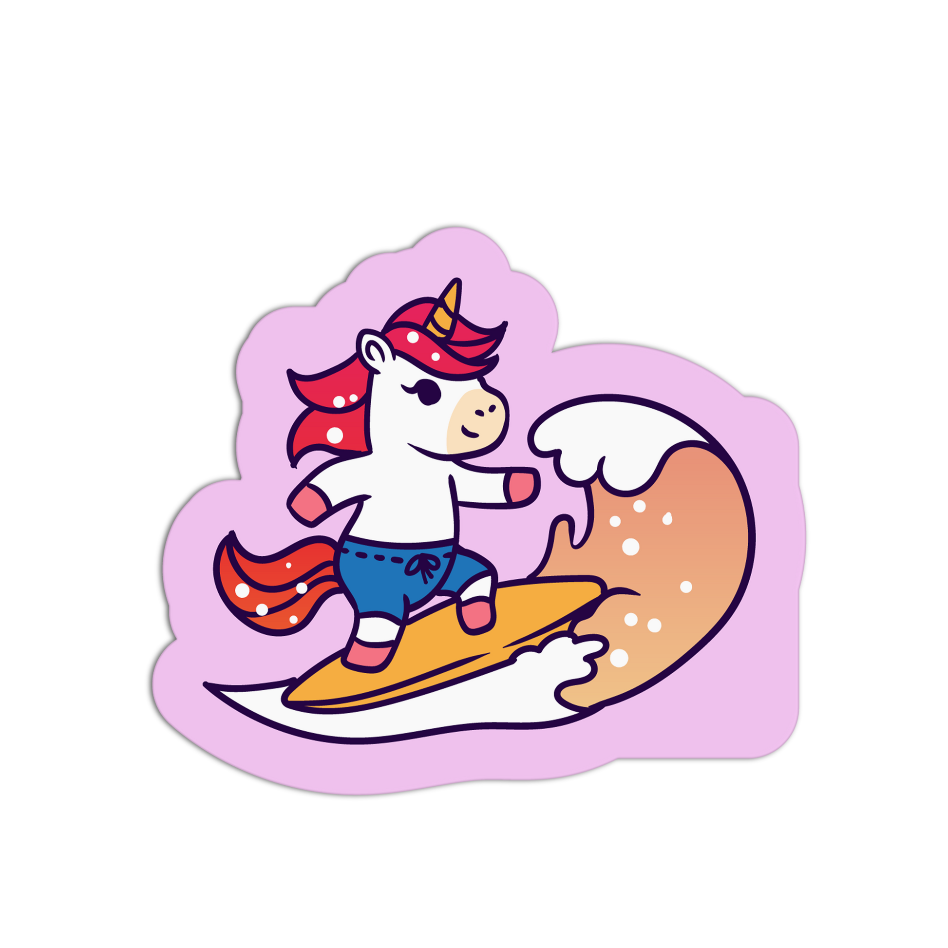 Sticker of a unicorn surfing on a wave with a pink border