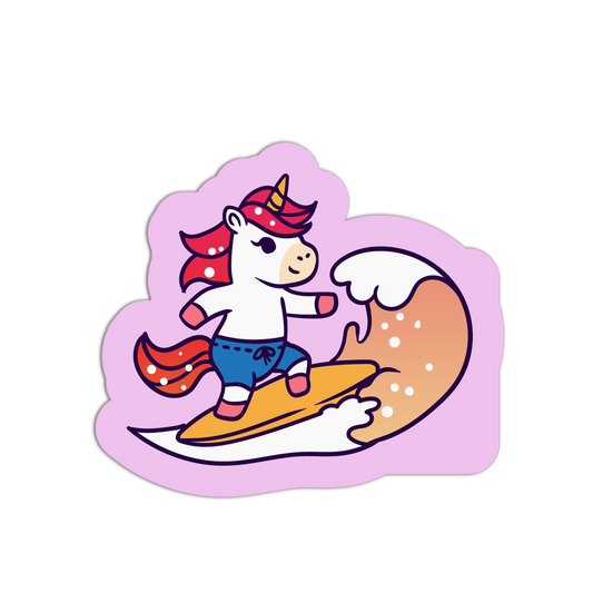Sticker of a unicorn surfing on a wave with a pink border