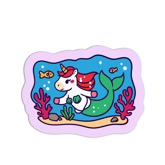 Colorful sticker of a mermaid-like unicorn with red hair and fish in an underwater scene.