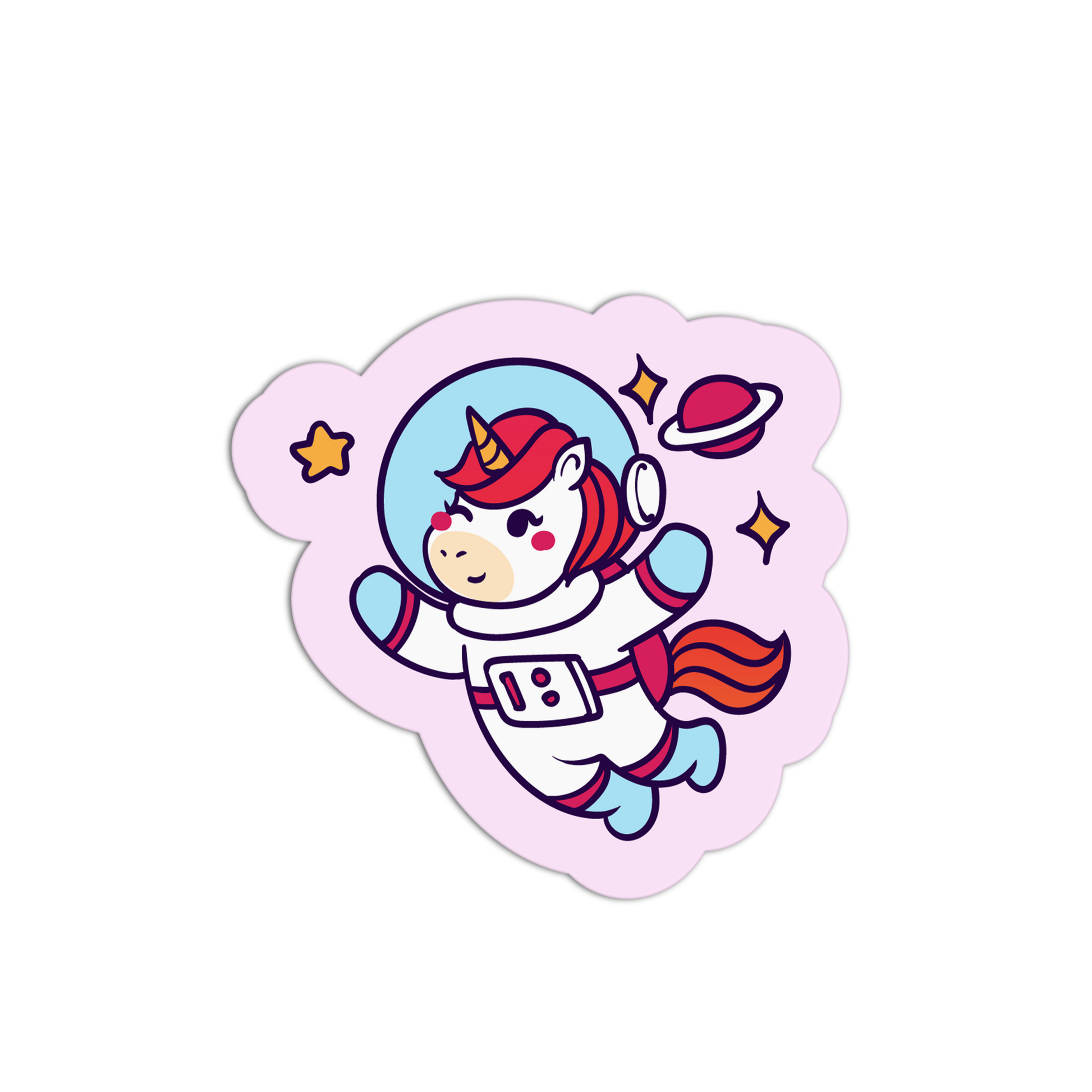 Sticker of a cartoon astronaut unicorn on a pink background
