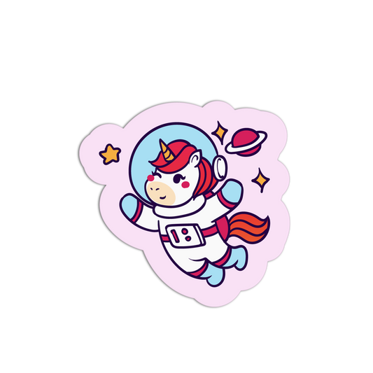 Sticker of a cartoon astronaut unicorn on a pink background