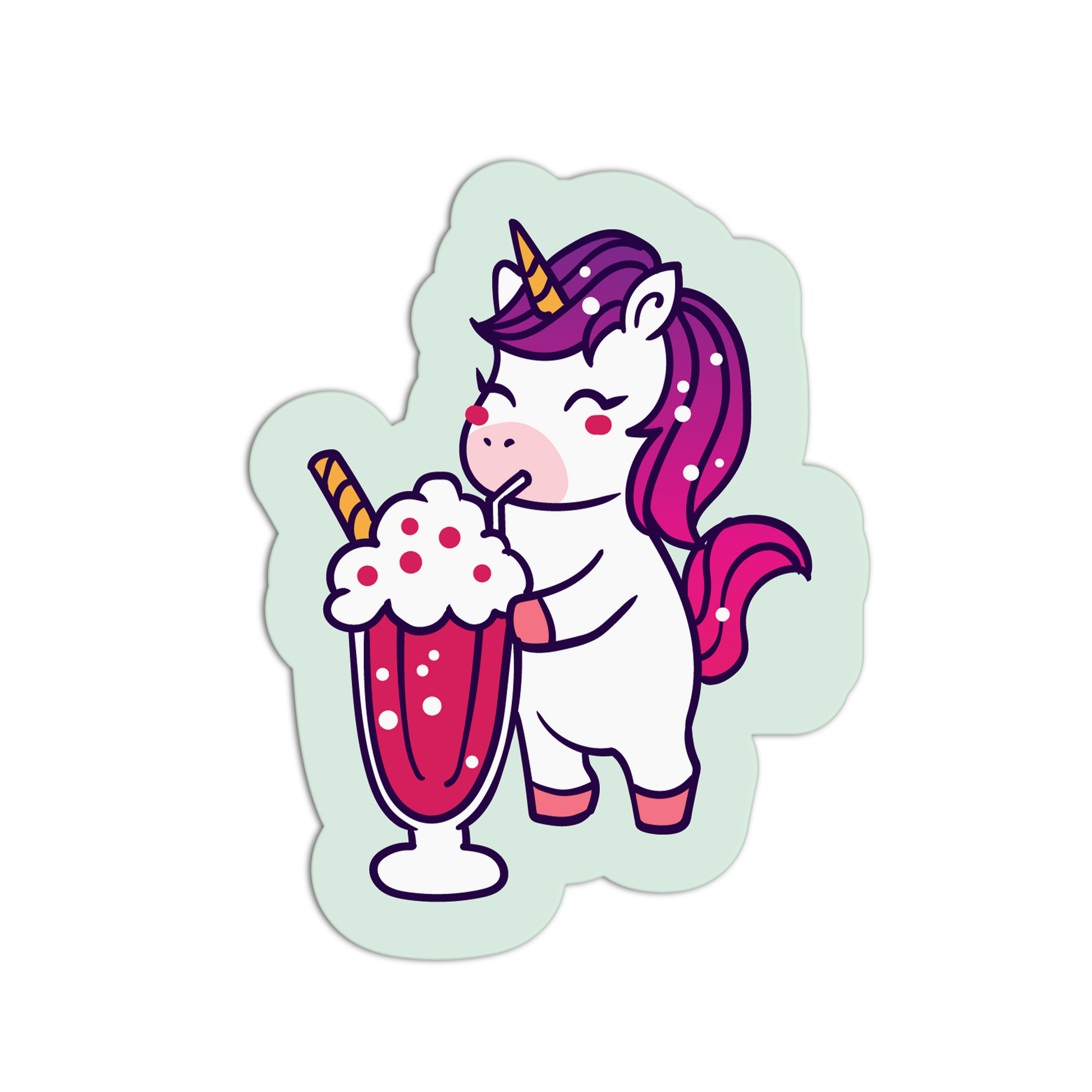 Sticker of a unicorn with pink hair drinking a milkshake on a light green background