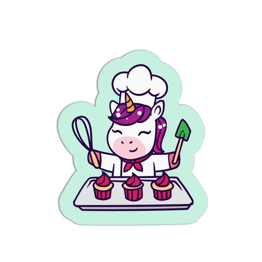 Sticker of a unicorn chef baking cupcakes on a white background