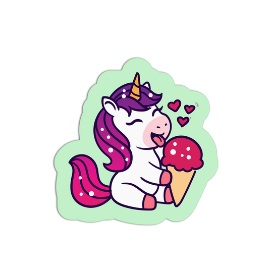 Sticker of a unicorn with a pink horn and mane, holding an ice cream cone on a light green background.