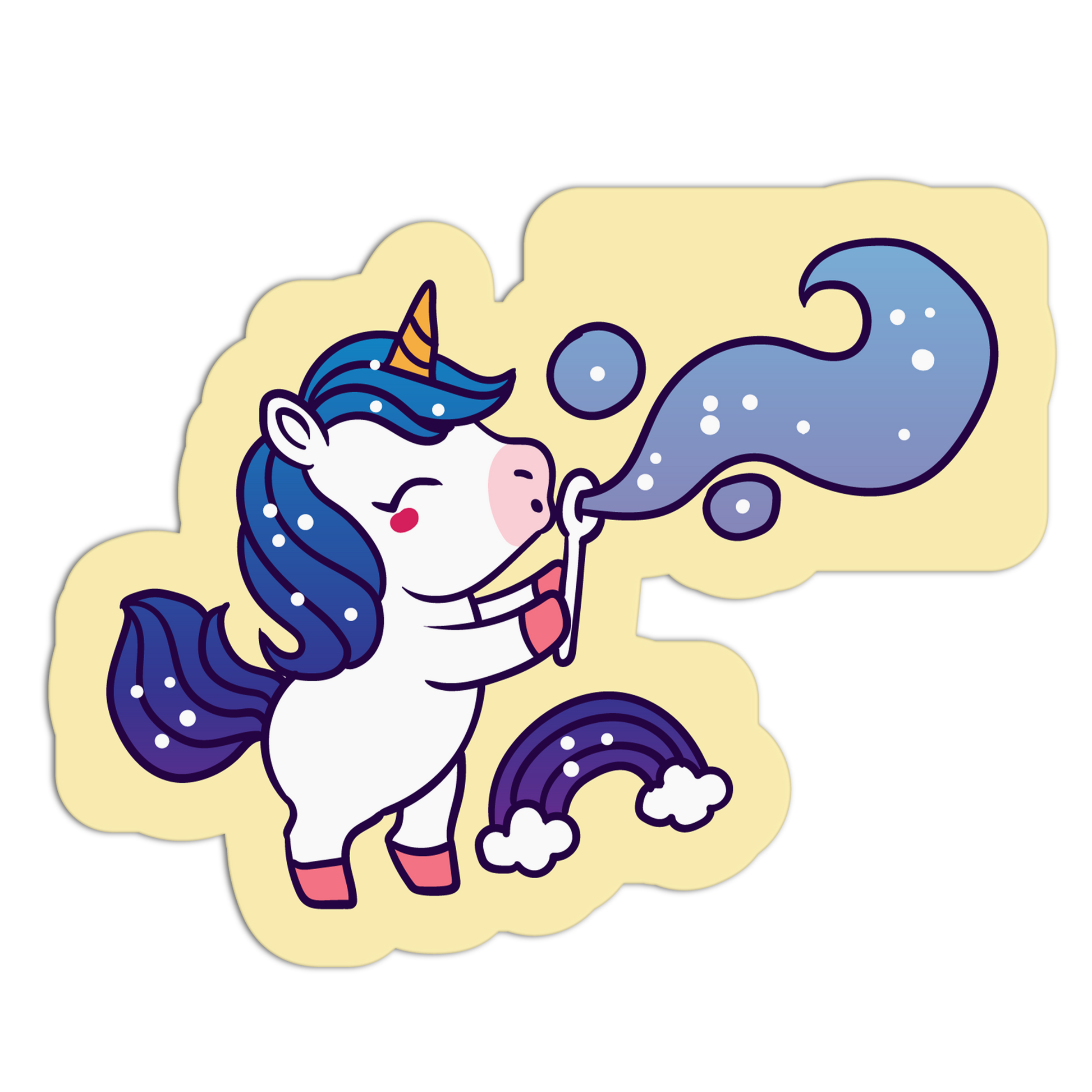 Cartoon unicorn blowing bubbles on a yellow background