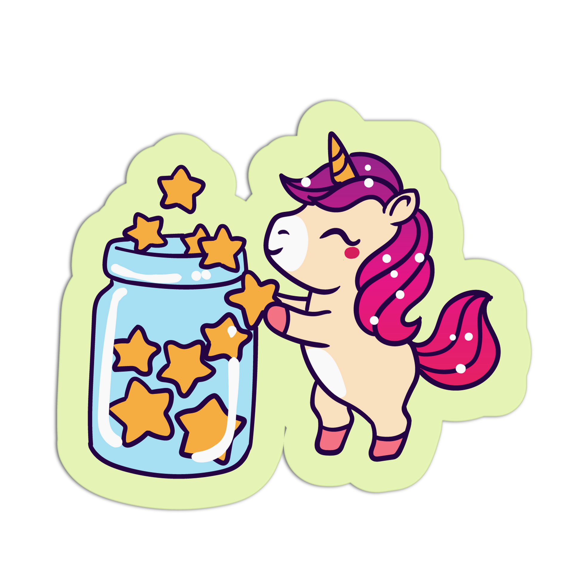 Sticker of a unicorn with pink hair and a rainbow horn, holding a jar of stars on a light green background.