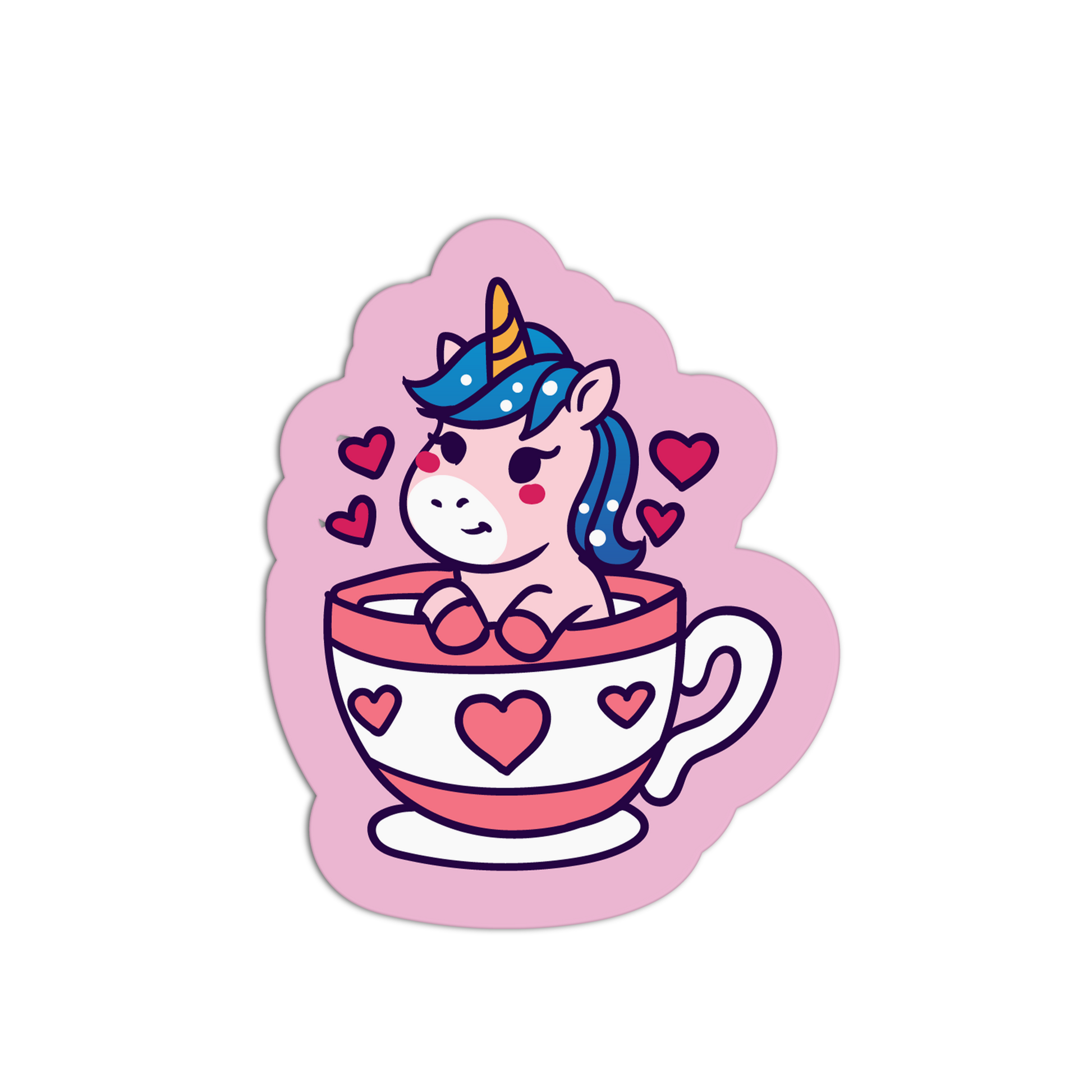 Sticker of a unicorn in a teacup with hearts on a pink background