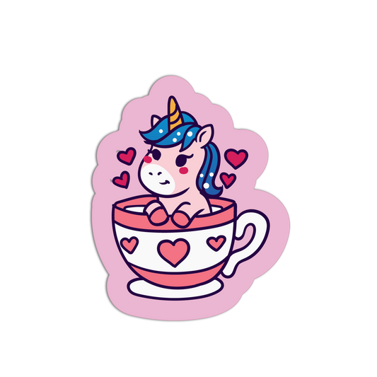 Sticker of a unicorn in a teacup with hearts on a pink background