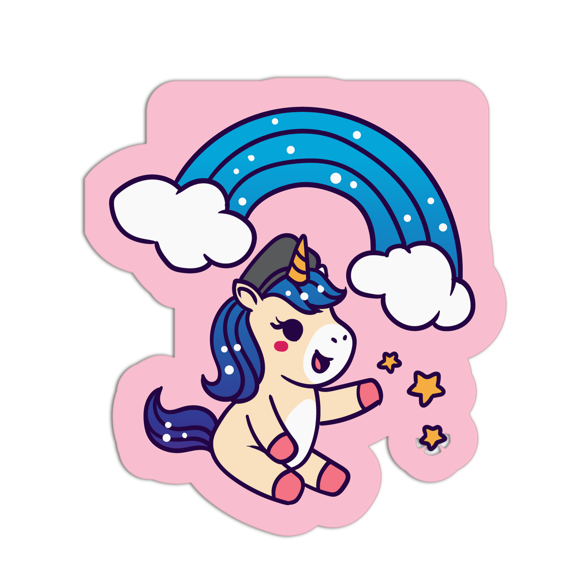 Cartoon unicorn with a rainbow and clouds on a pink background