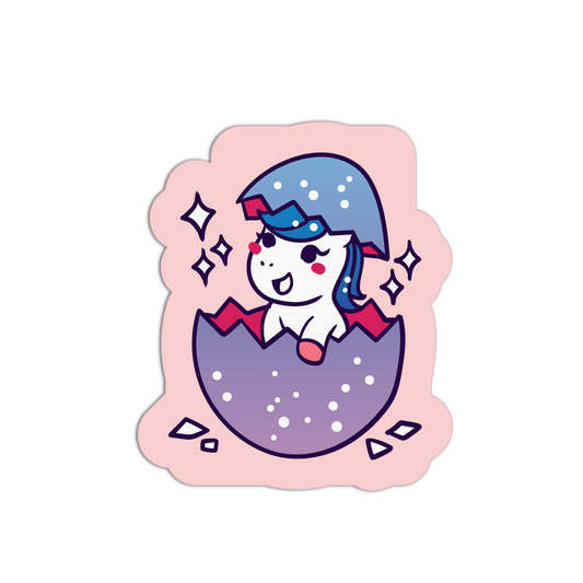 Cartoon character with blue hair and a red outfit emerging from a purple egg on a pink background