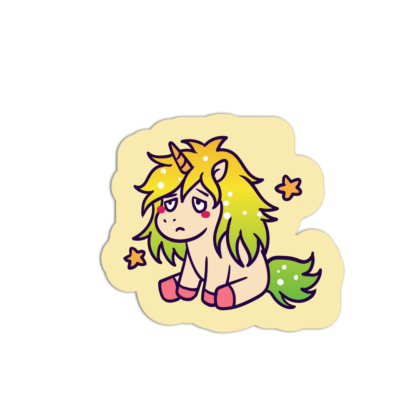 Cartoon unicorn with green hair and pink shoes on a yellow background