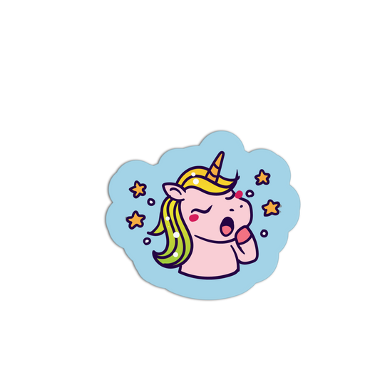 Cartoon unicorn sticker with a blue cloud background