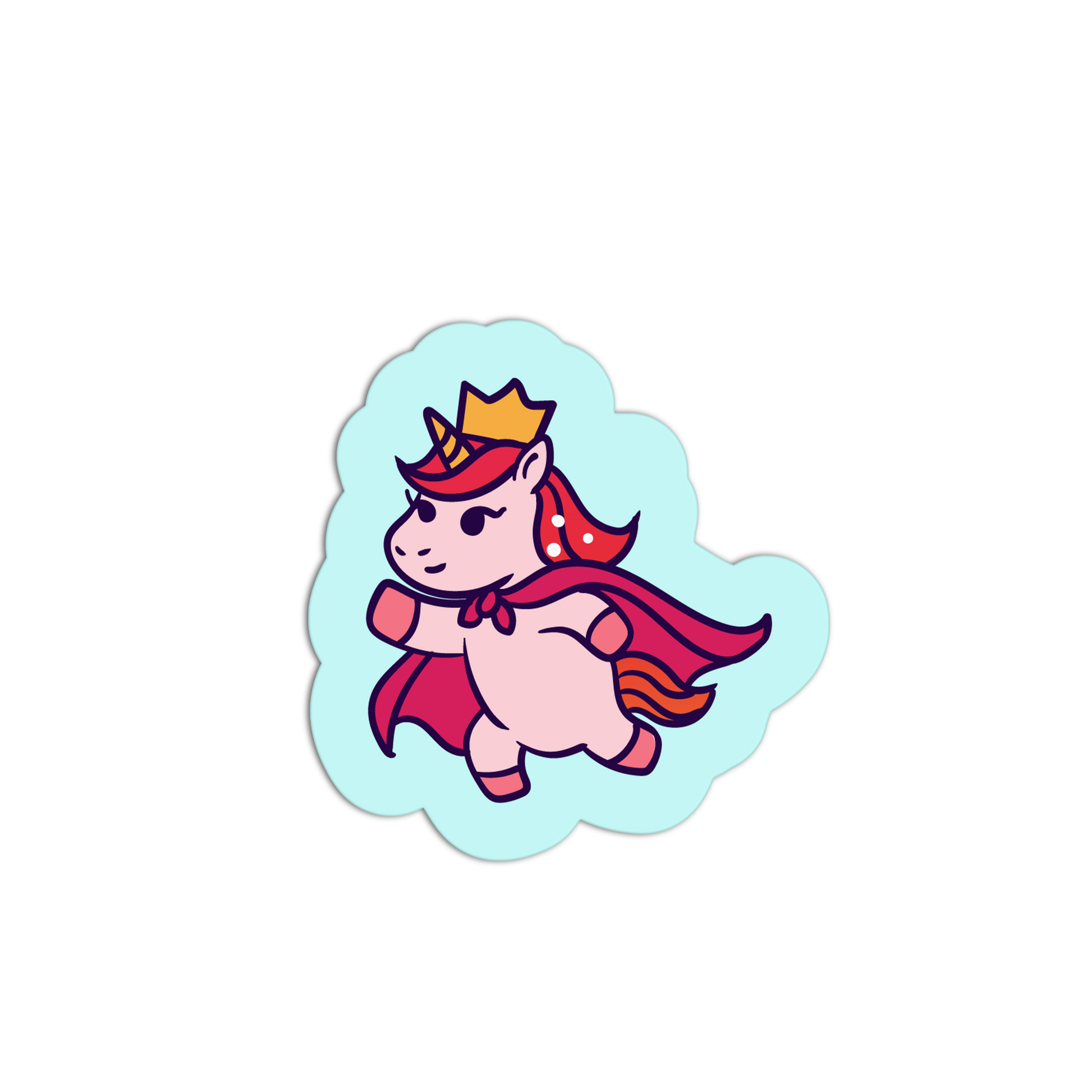 Sticker of a unicorn with a crown and cape on a light blue background