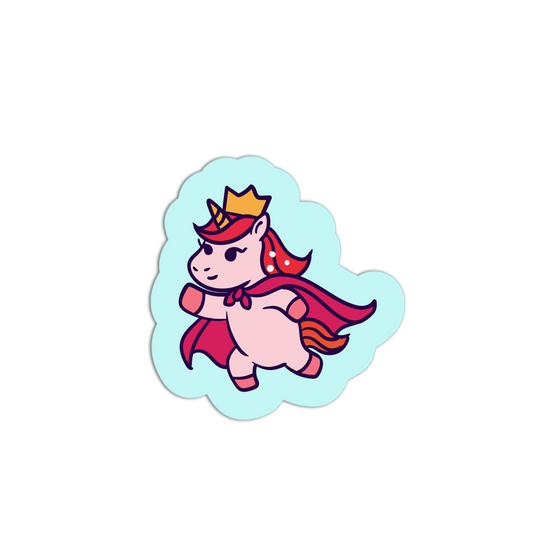 Sticker of a unicorn with a crown and cape on a light blue background