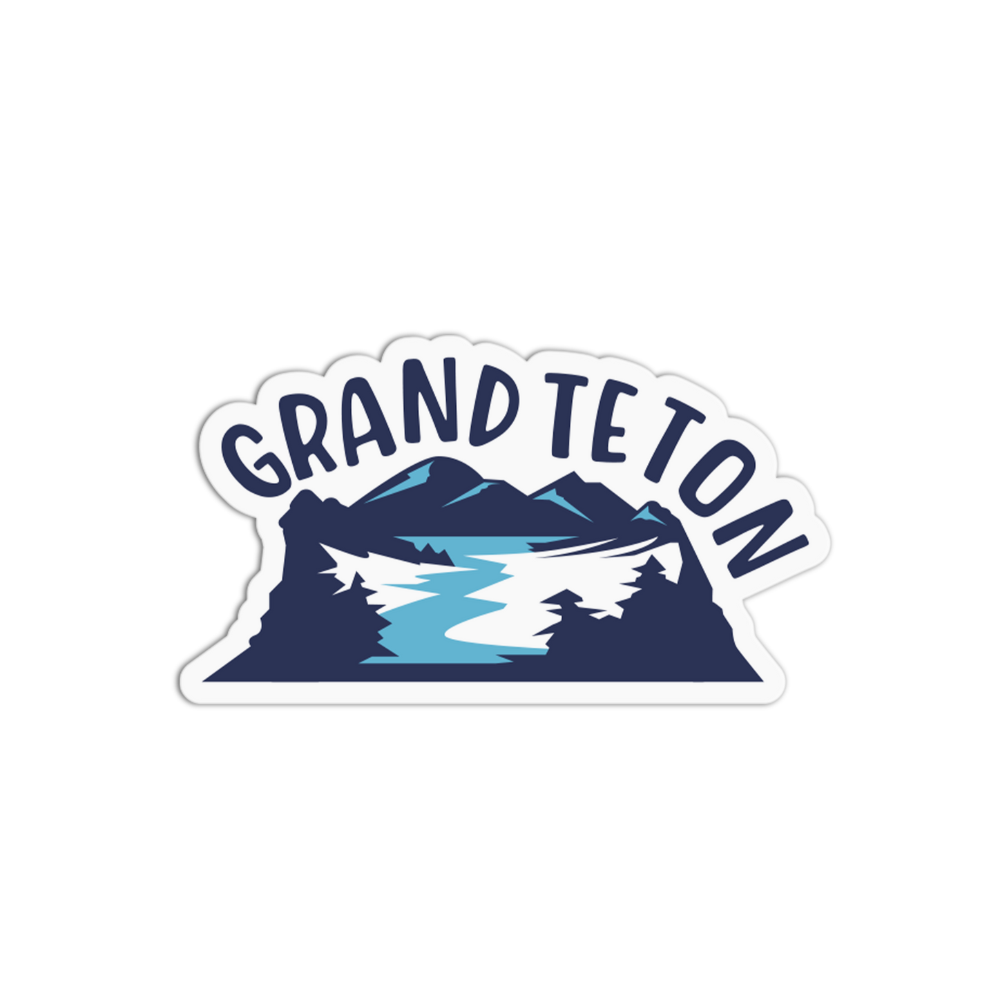 Sticker with 'Grand Teton' text and mountain design on a white background