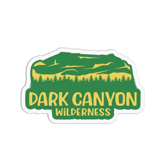 Sticker with 'Dark Canyon Wilderness' text and green landscape design on a white background