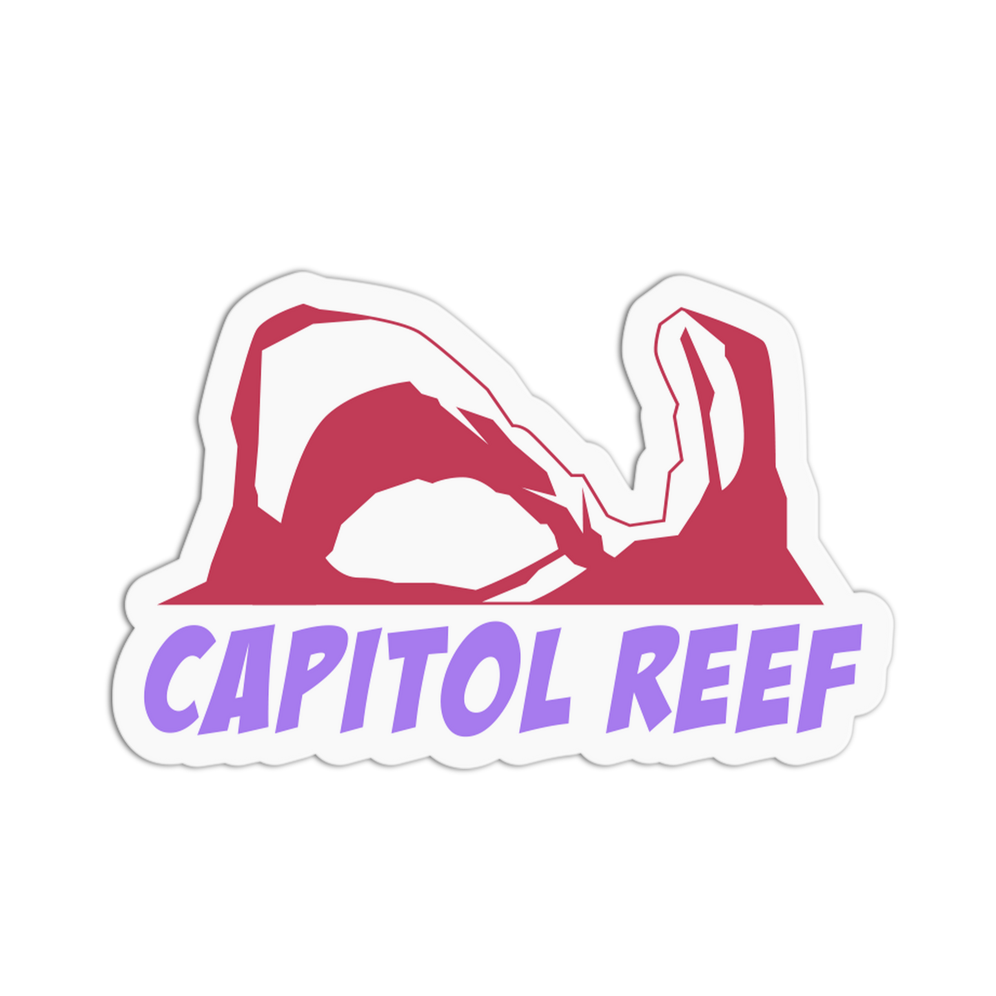 Sticker with 'Capitol Reef' text and red and white design on a white background