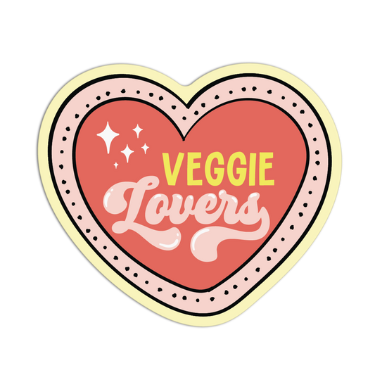 Heart-shaped sticker with 'Veggie Lovers' text on a white background