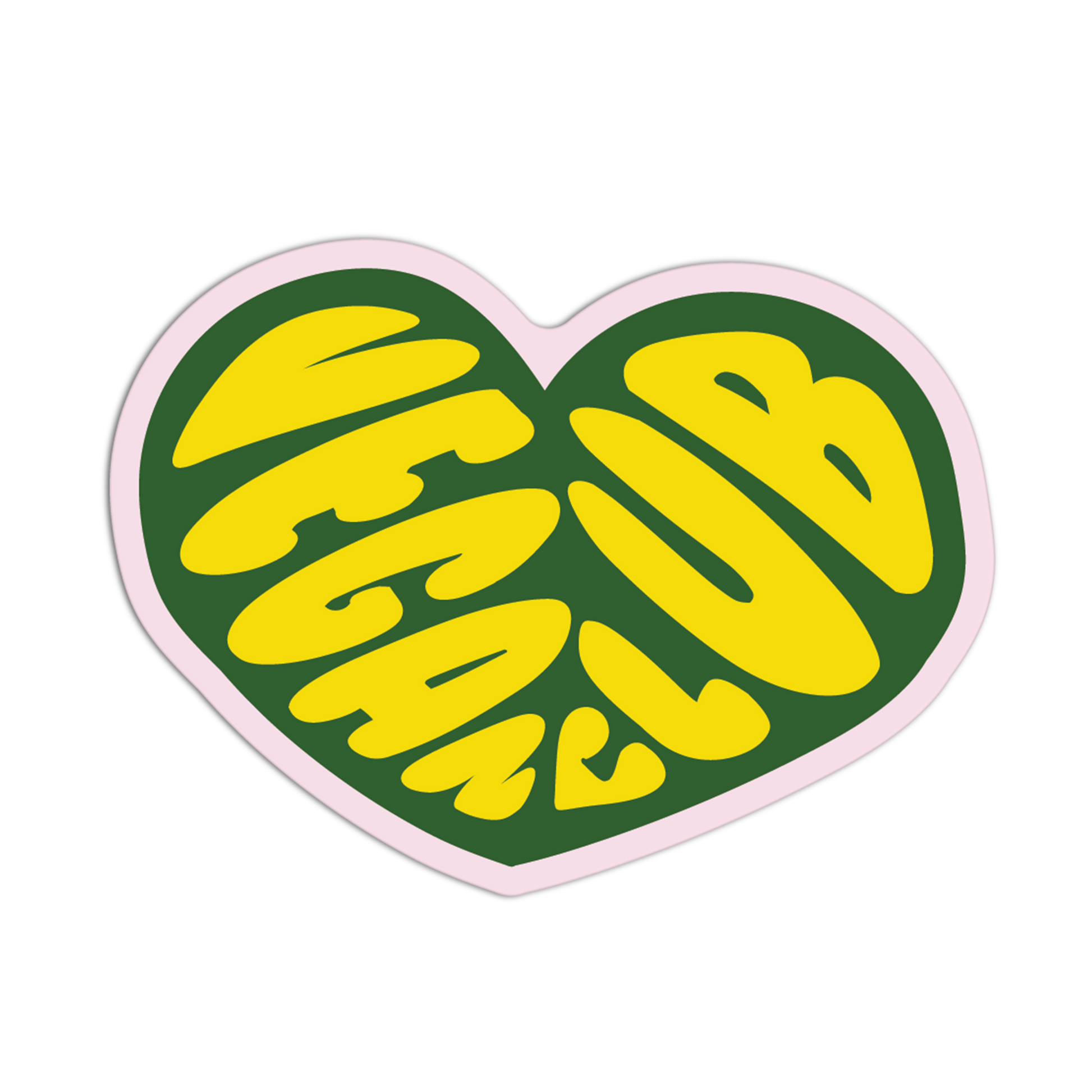 Heart-shaped sticker with yellow text 'MEGA CLUB' on a green background