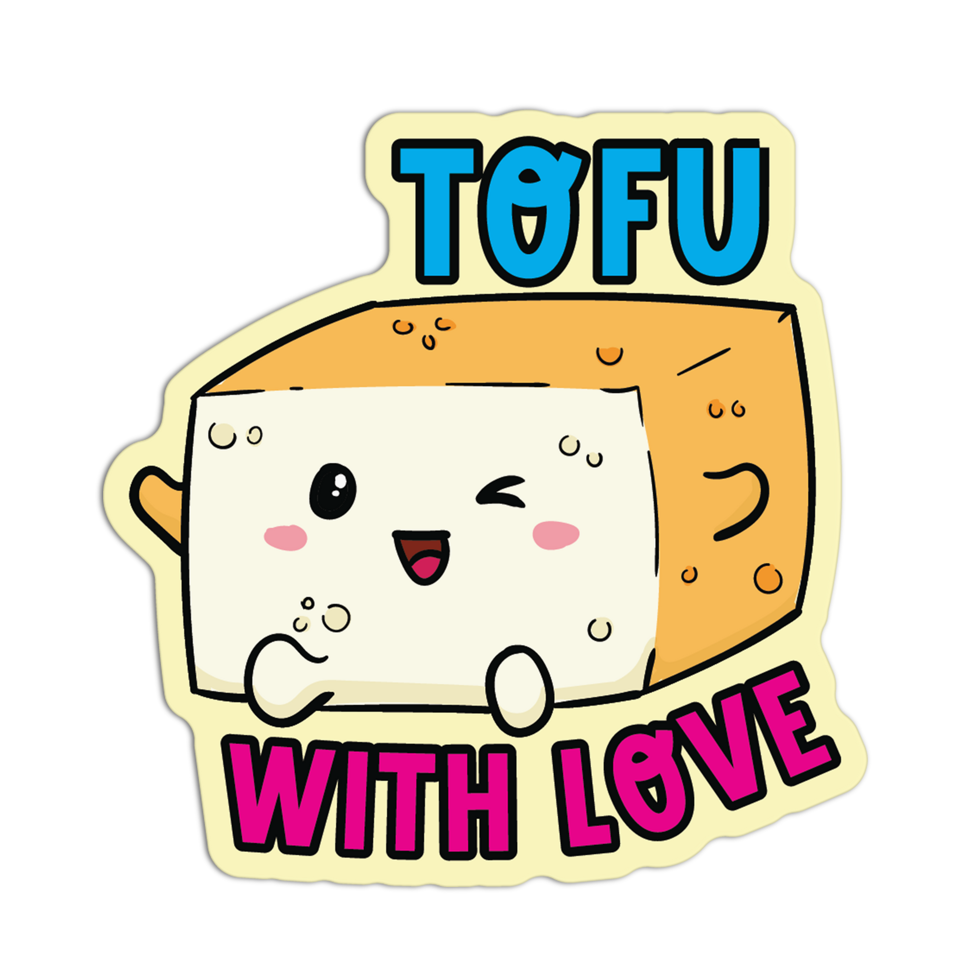 Cartoon tofu character with a happy expression on a white background, labeled 'Tofu with Love'.