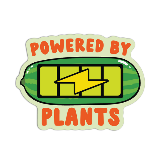 Sticker with 'Powered by Plants' text and green energy symbol on a white background