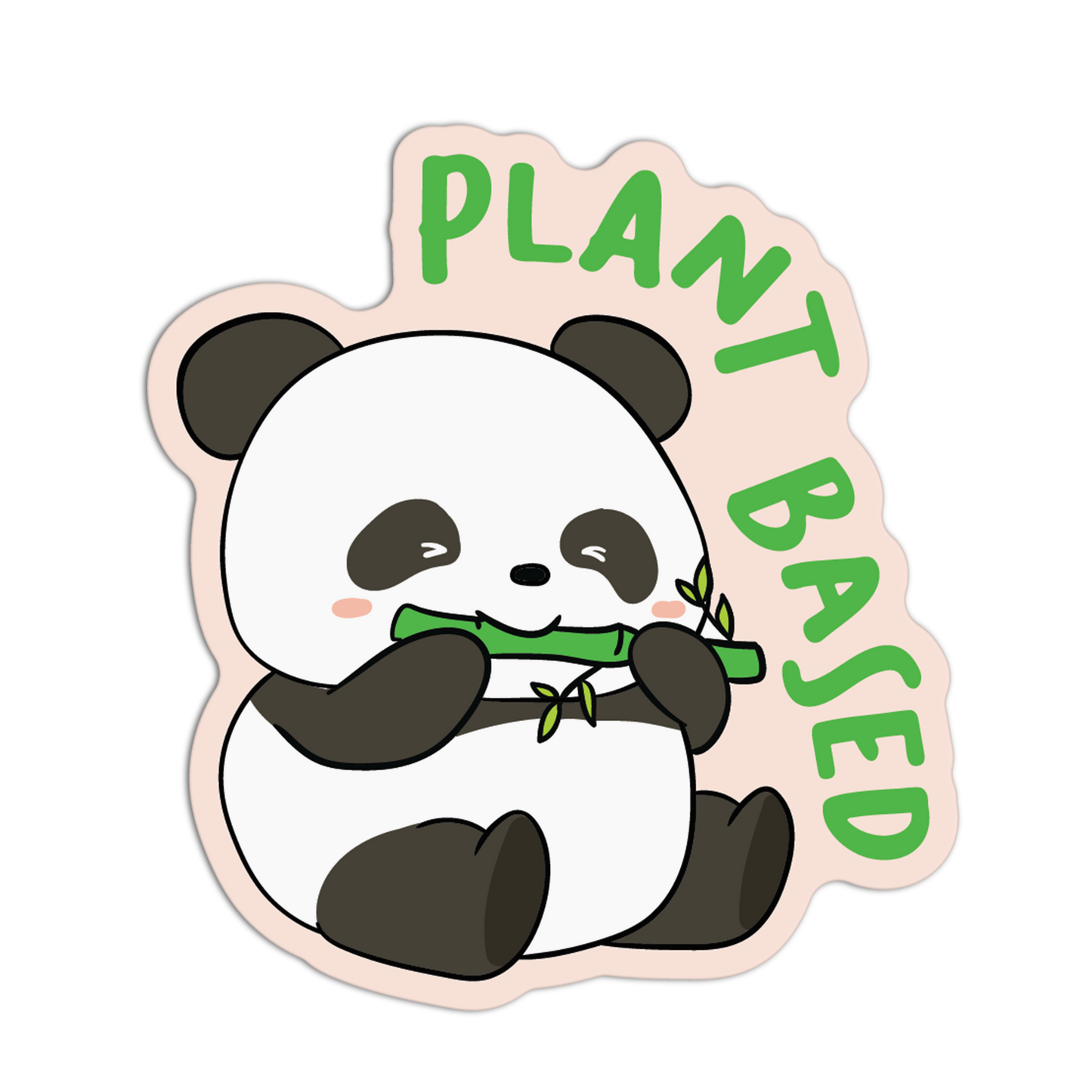Sticker with a panda holding bamboo and 'Plant Based' text on a white background