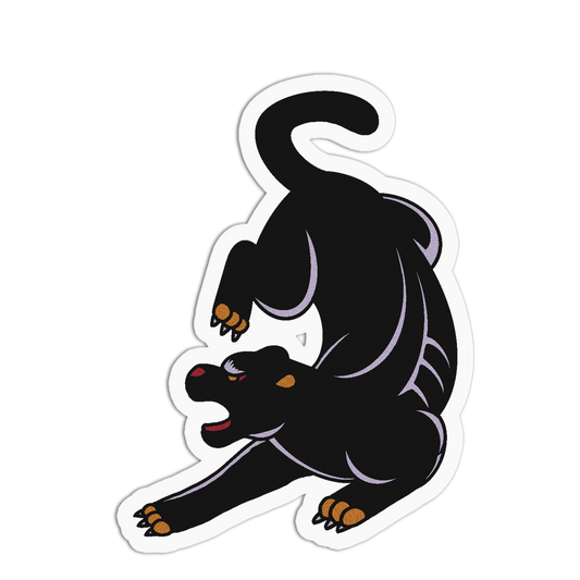 A die-cut vinyl sticker featuring a stylized black panther in a stretching pose, with purple outlines, orange claws and eyes, and a white border on a plain white background.