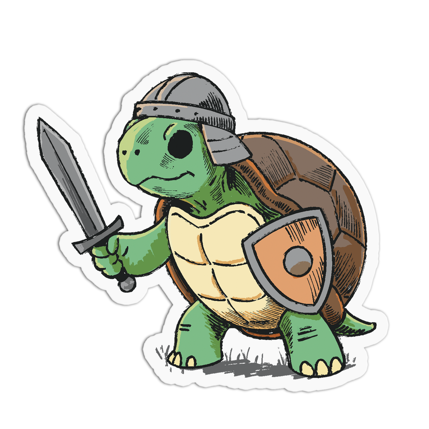 Cartoon turtle warrior holding a sword and shield on a white background