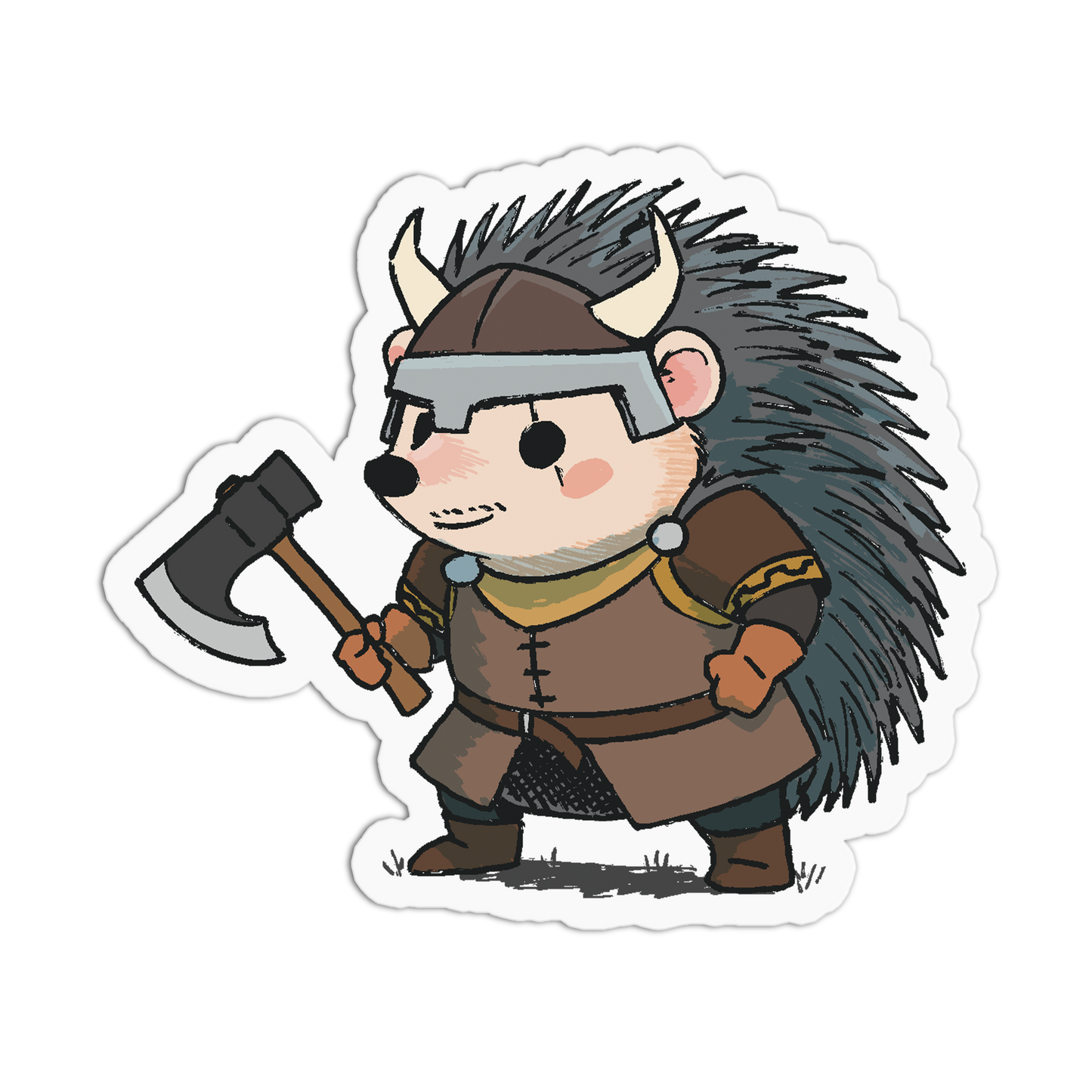 Cartoon hedgehog in Viking costume holding an axe on a white background