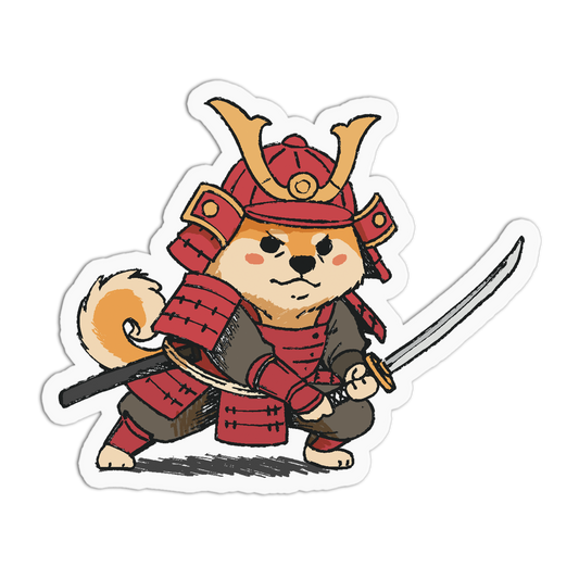 Cartoon dog in samurai armor holding a sword on a white background