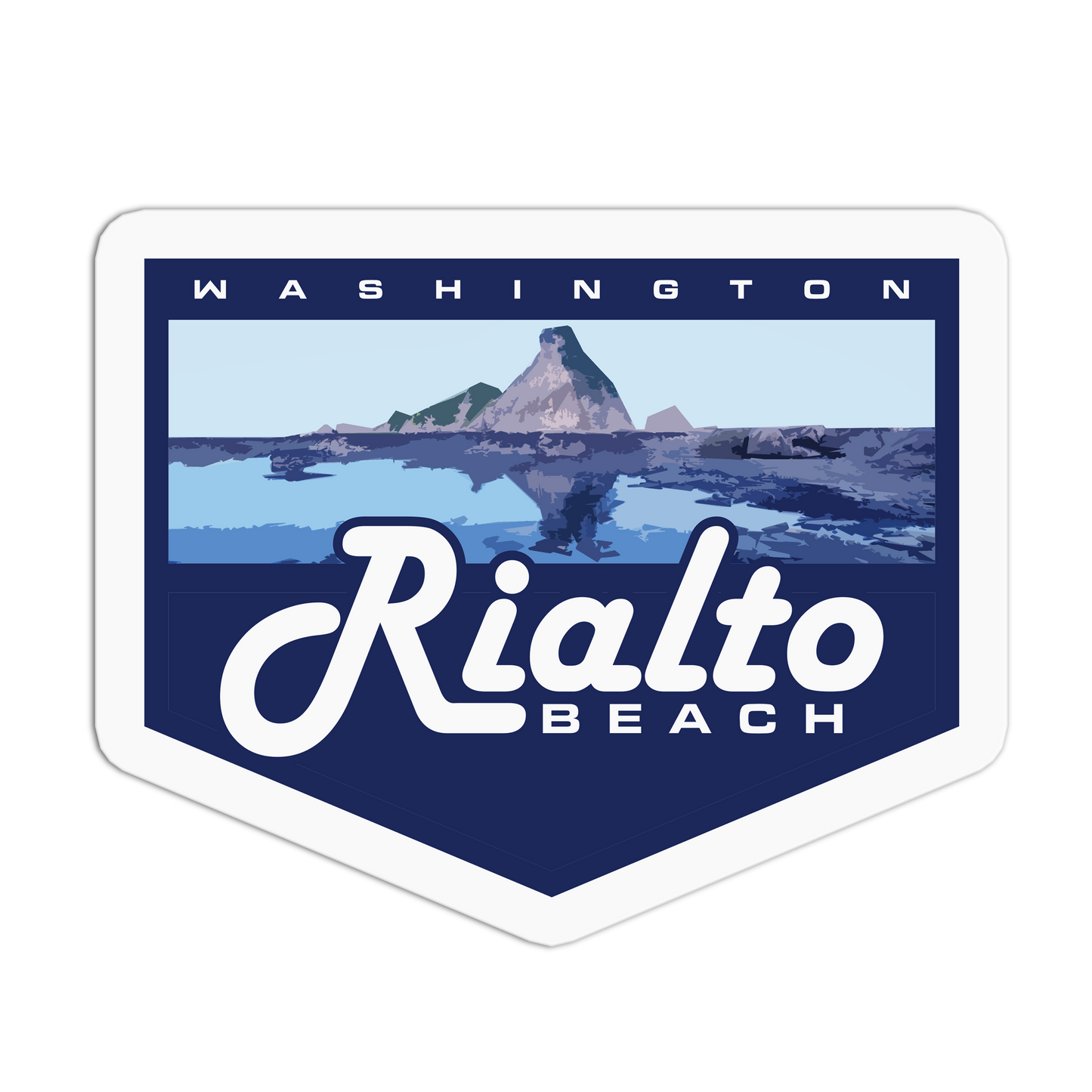 Sticker with Rialto Beach, Washington design featuring a mountain and water.